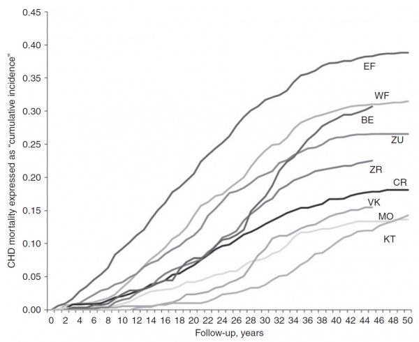 CHD mortality during 50 years in nine cohorts expressed as ‘cumulative incidence’.